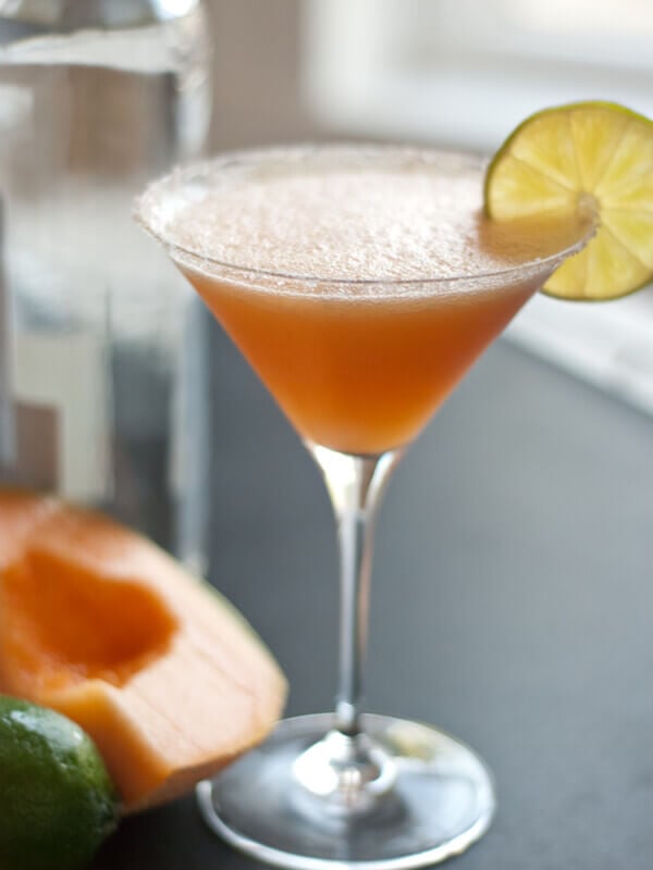 cocktail made with cantaloupe, tequila, lime juice and agave nectar