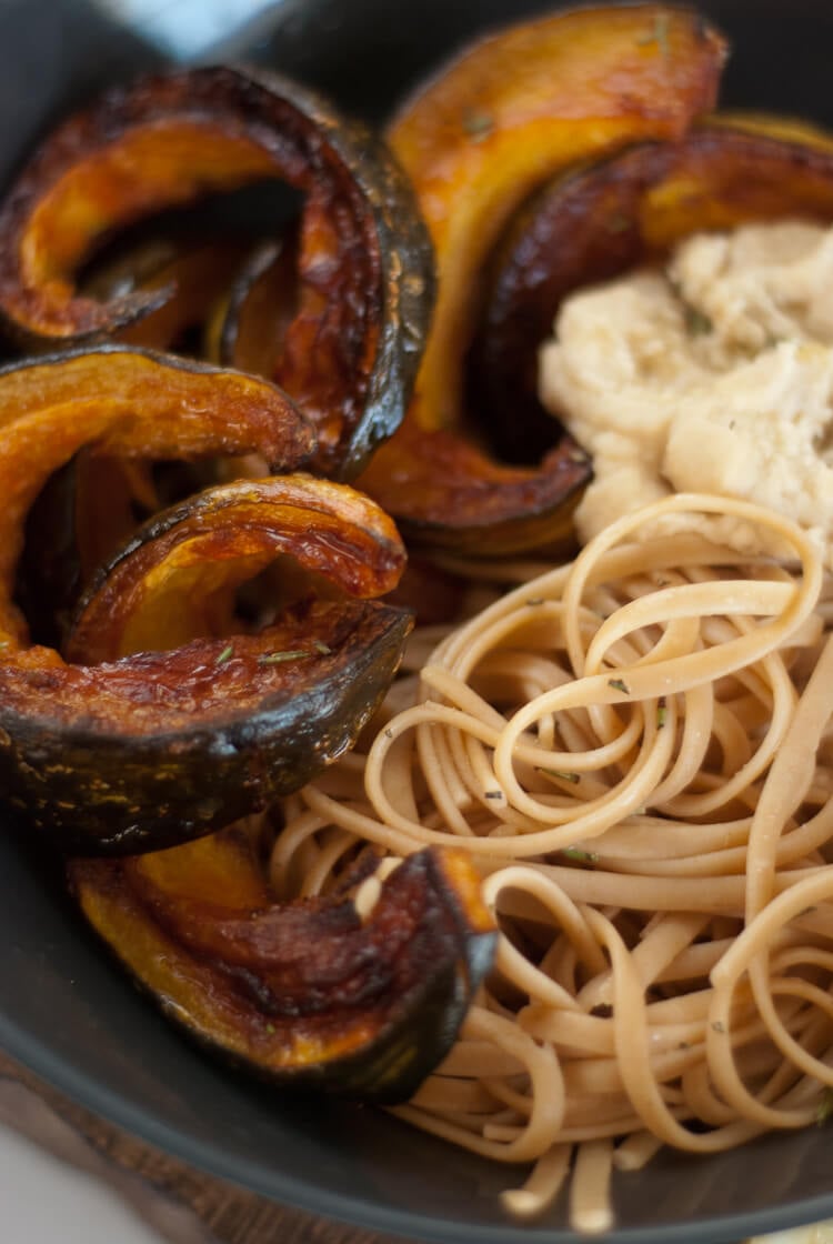 white bean hummus with kabocha squash and pasta