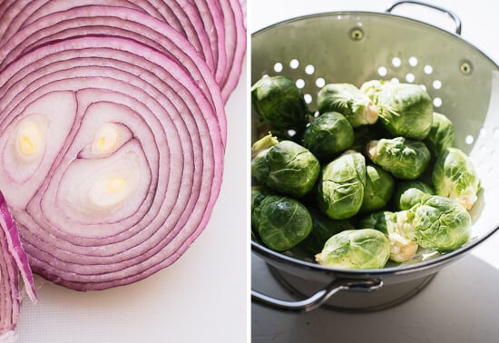 red onion and brussels sprouts
