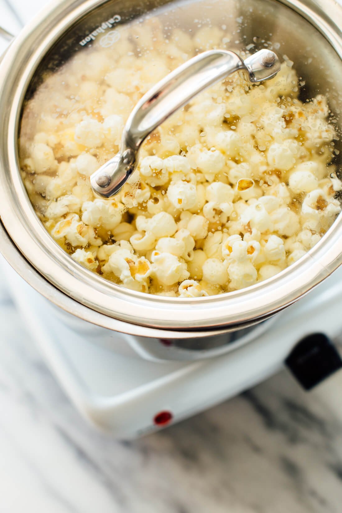 overhead view of popcorn on stove