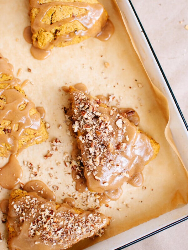 Healthy pumpkin pecan scones with maple glaze